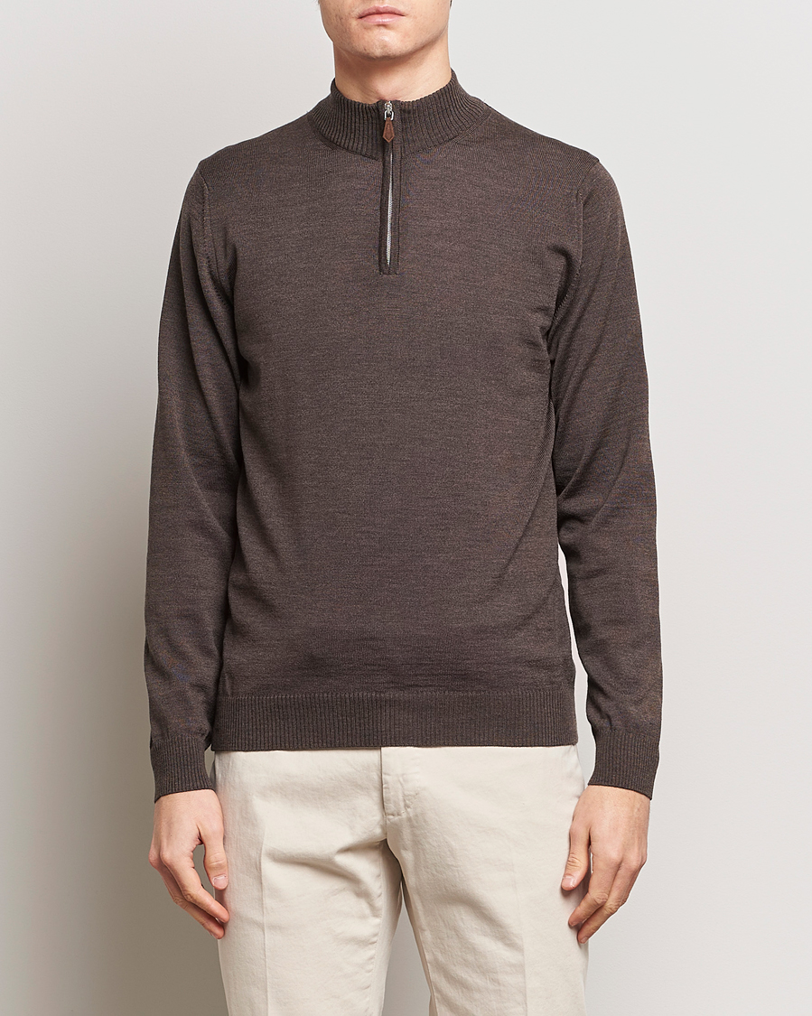Men | Sweaters & Knitwear | Stenströms | Merino Wool Half Zip Brown