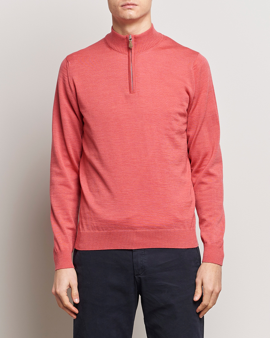 Men | Sweaters & Knitwear | Stenströms | Merino Wool Half Zip Coral Red