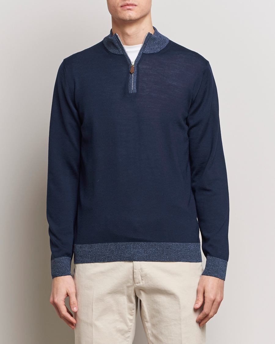 Men | Sweaters & Knitwear | Stenströms | Merino Contrast Half Zip Navy