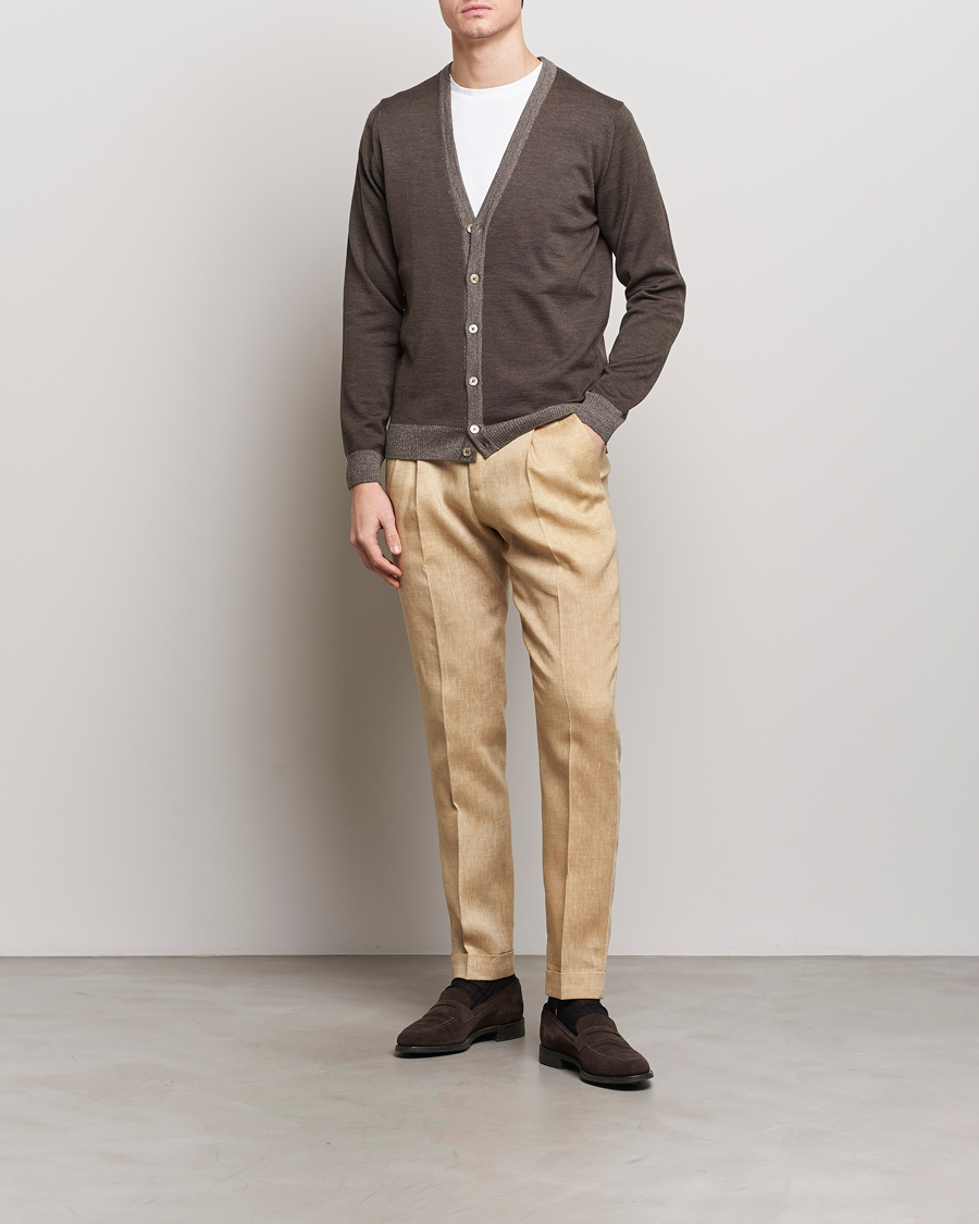 Men | Sweaters & Knitwear | Stenströms | Merino Contrast Cardigan Brown