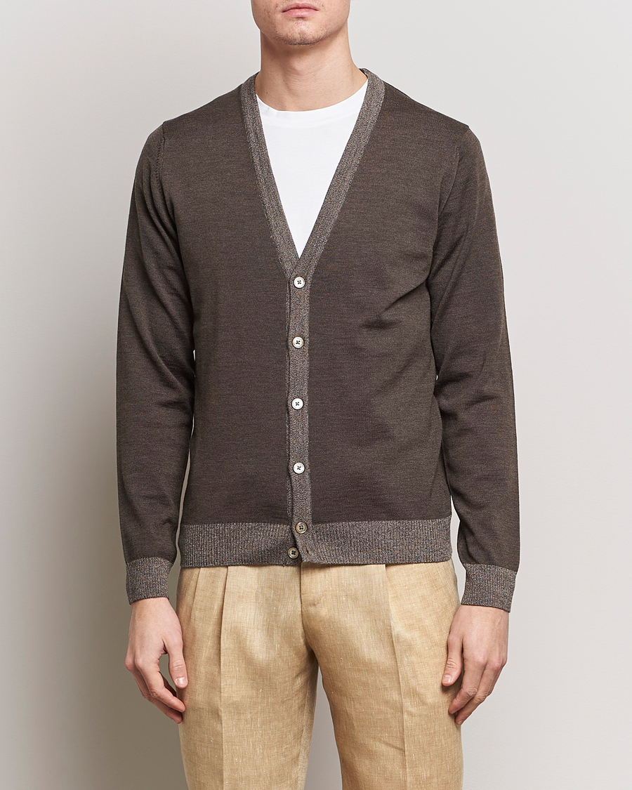 Men | Sweaters & Knitwear | Stenströms | Merino Contrast Cardigan Brown