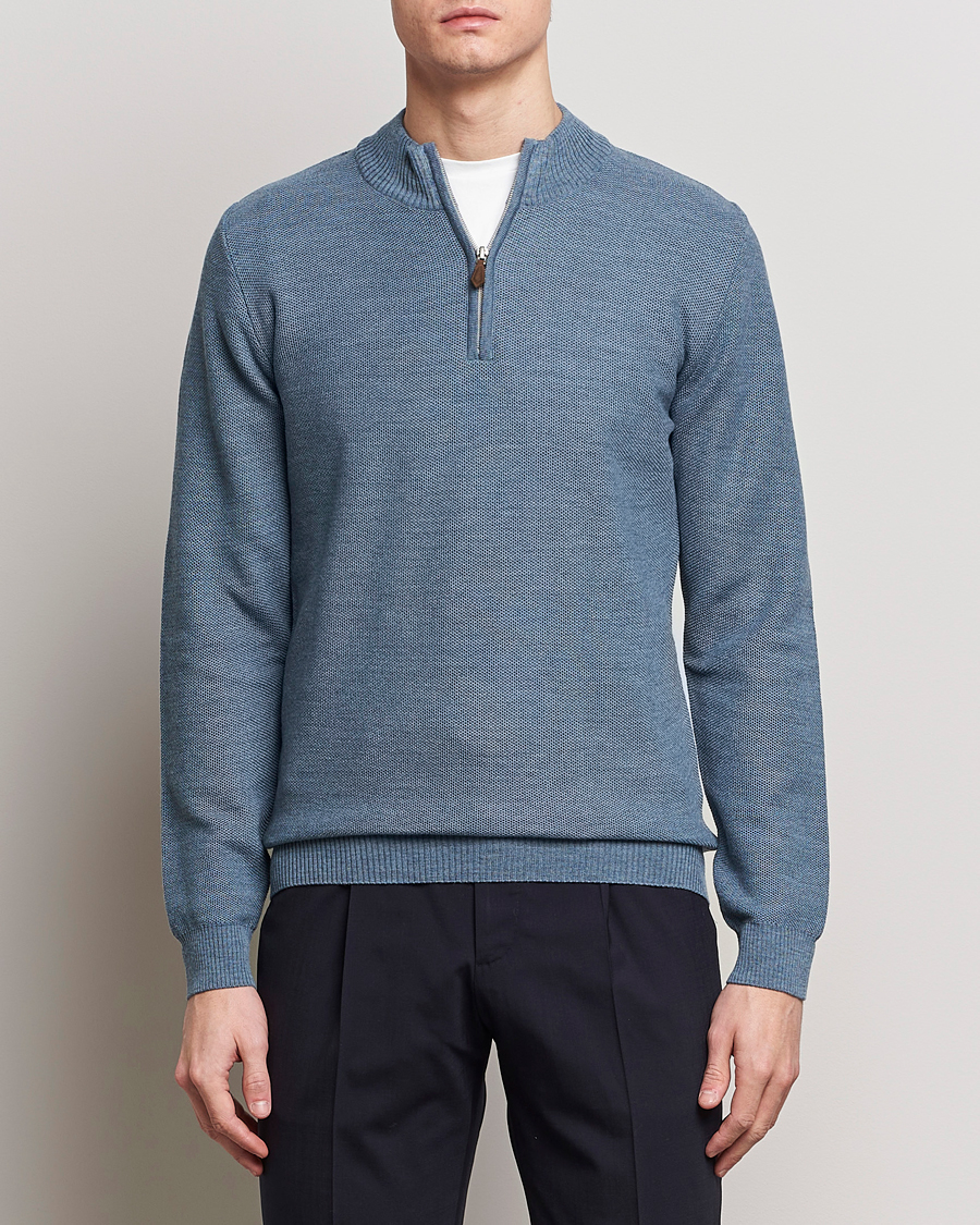 Men | Sweaters & Knitwear | Stenströms | Textured Merino Half Zip Blue