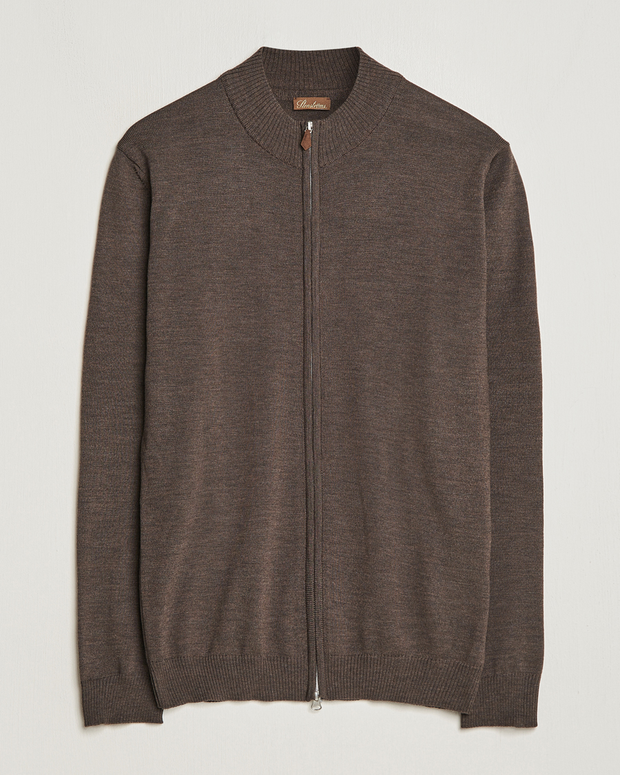 Men | Sweaters & Knitwear | Stenströms | Merino Wool Full Zip Brown