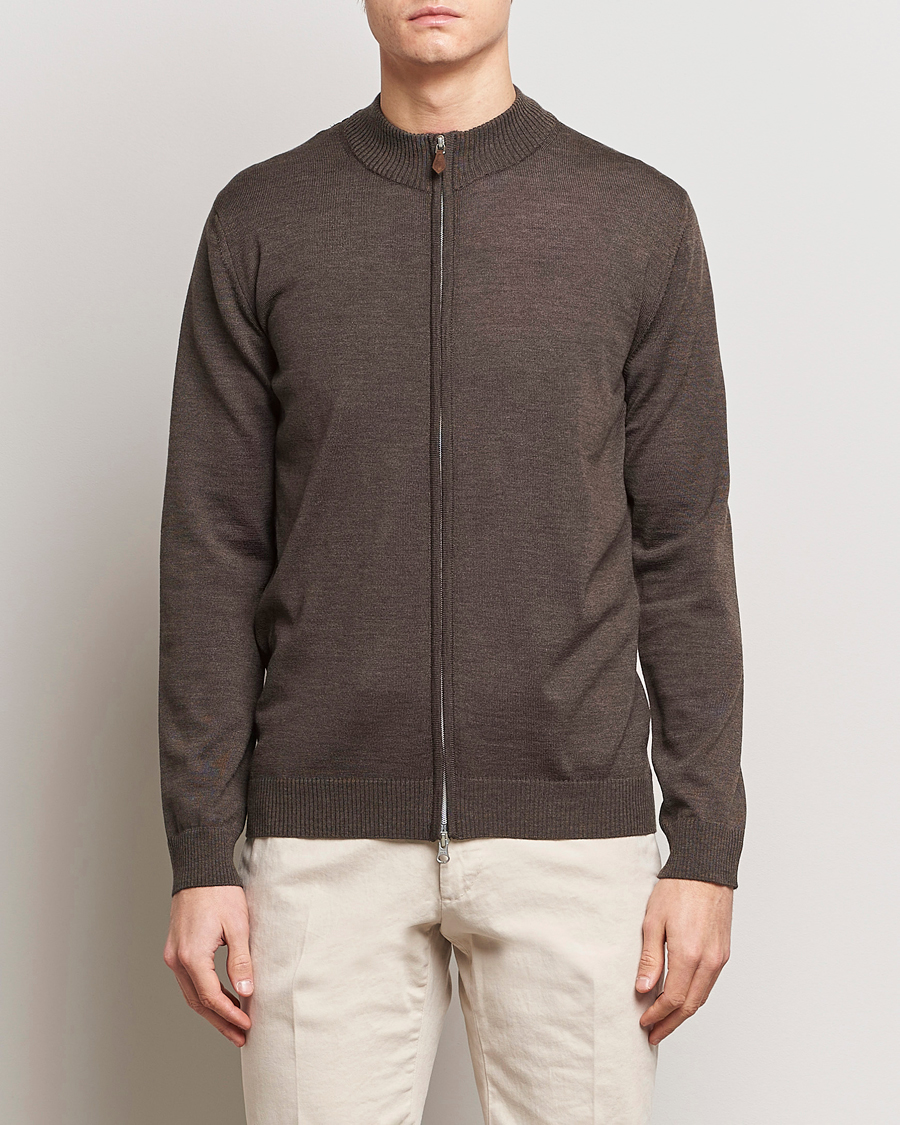 Men | Sweaters & Knitwear | Stenströms | Merino Wool Full Zip Brown