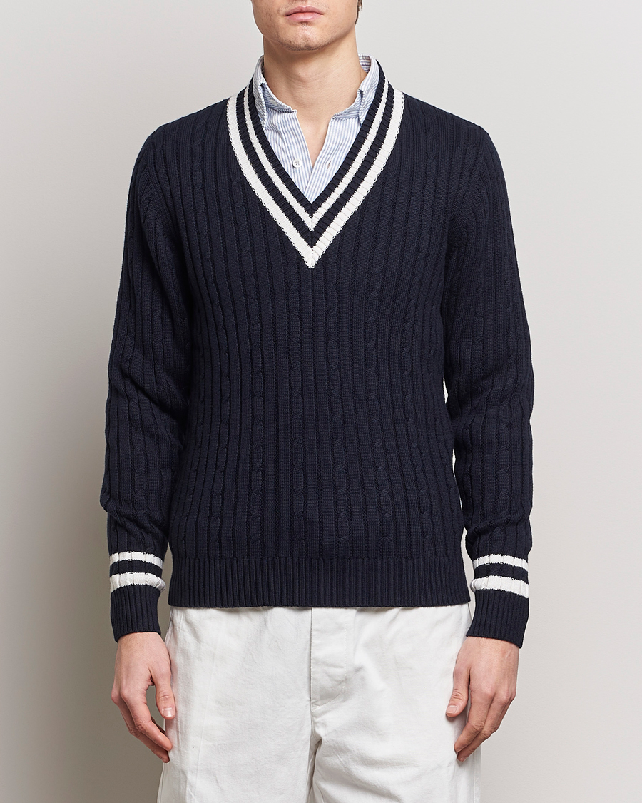 Men | Sweaters & Knitwear | Stenströms | Cotton/Cashmere Cable V-Neck Navy