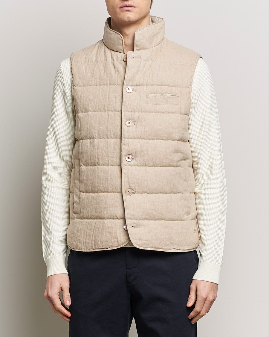 Men | Coats & Jackets | Stenströms | Linen Down Padded Button Vest Beige