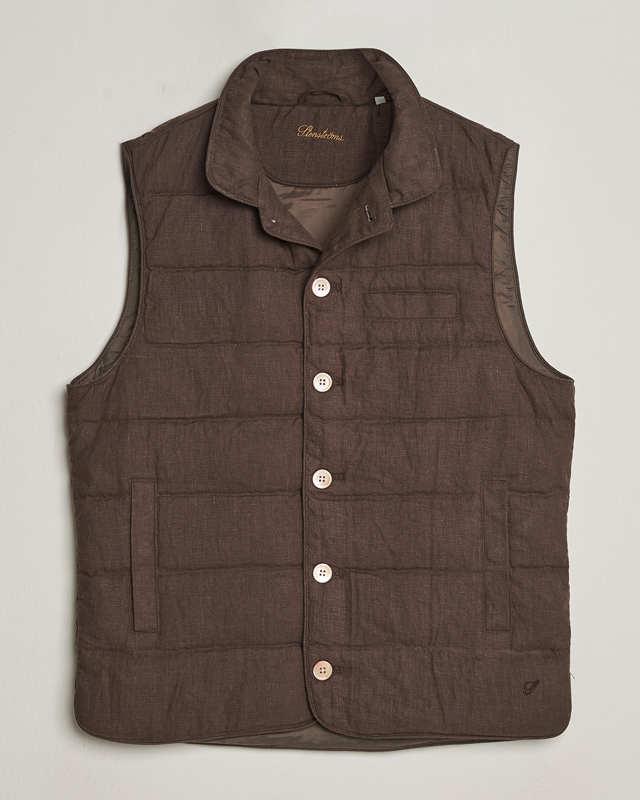 Men | Coats & Jackets | Stenströms | Linen Down Padded Button Vest Brown