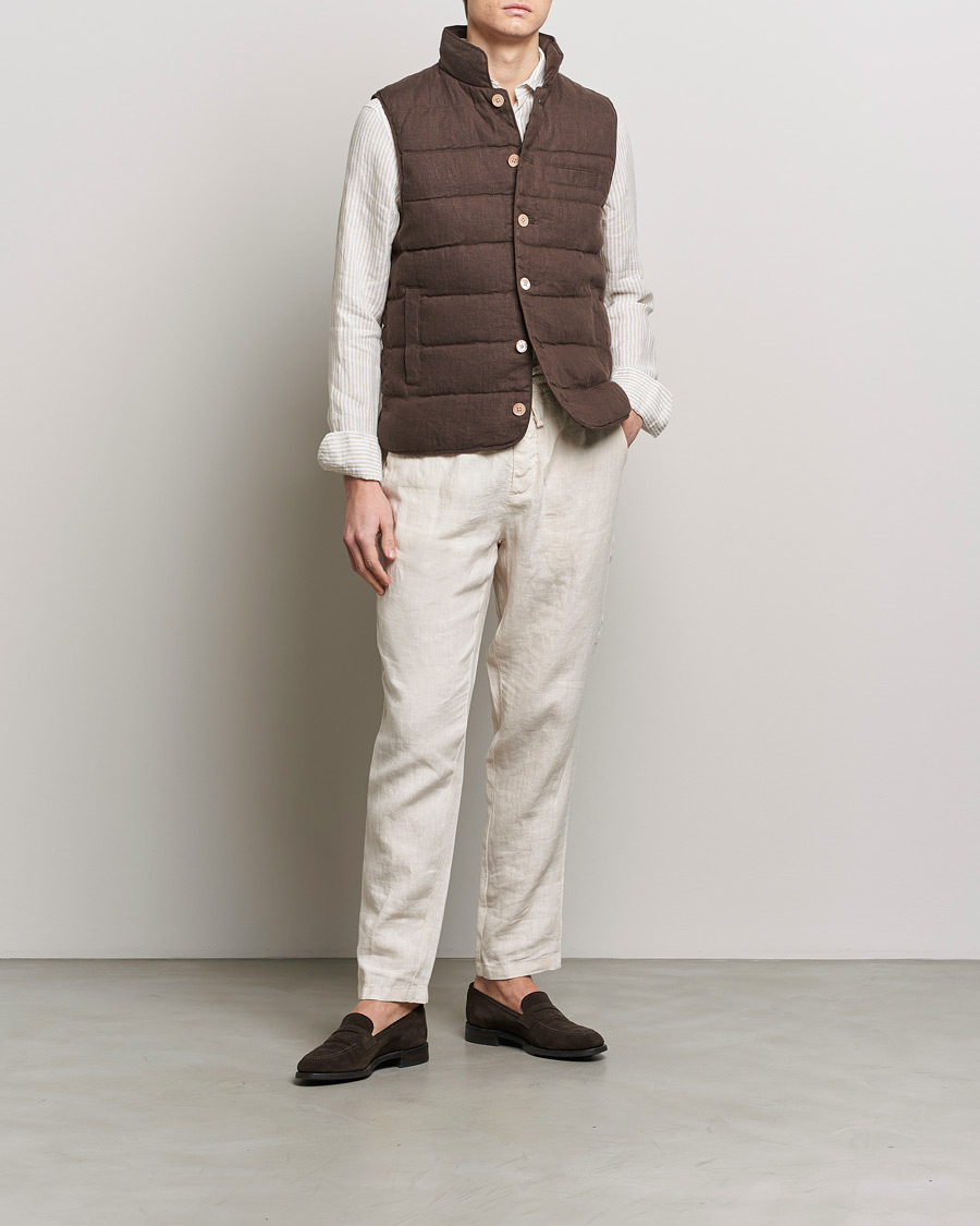 Men | Coats & Jackets | Stenströms | Linen Down Padded Button Vest Brown
