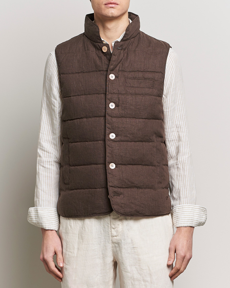 Men | Coats & Jackets | Stenströms | Linen Down Padded Button Vest Brown