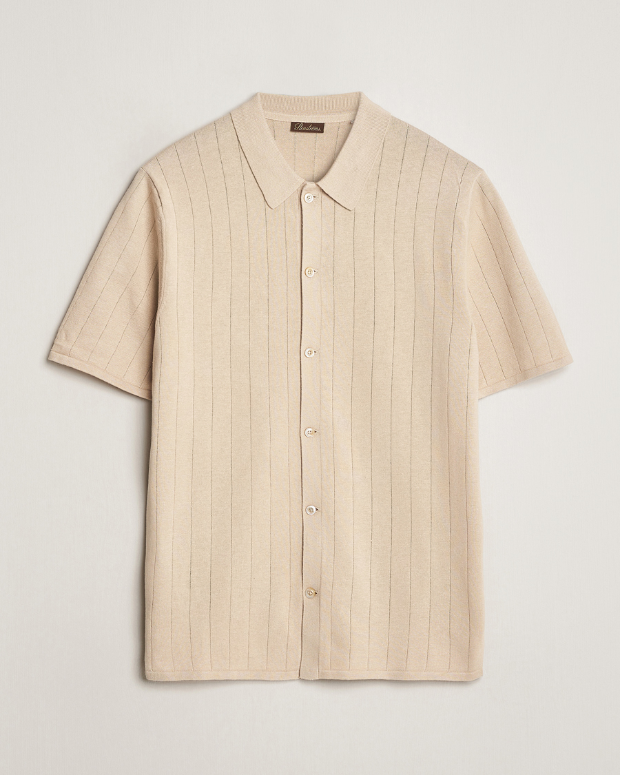 Men | Polo Shirts | Stenströms | Linen/Cotton Rib Knitted Buttonthru Shirt Beige