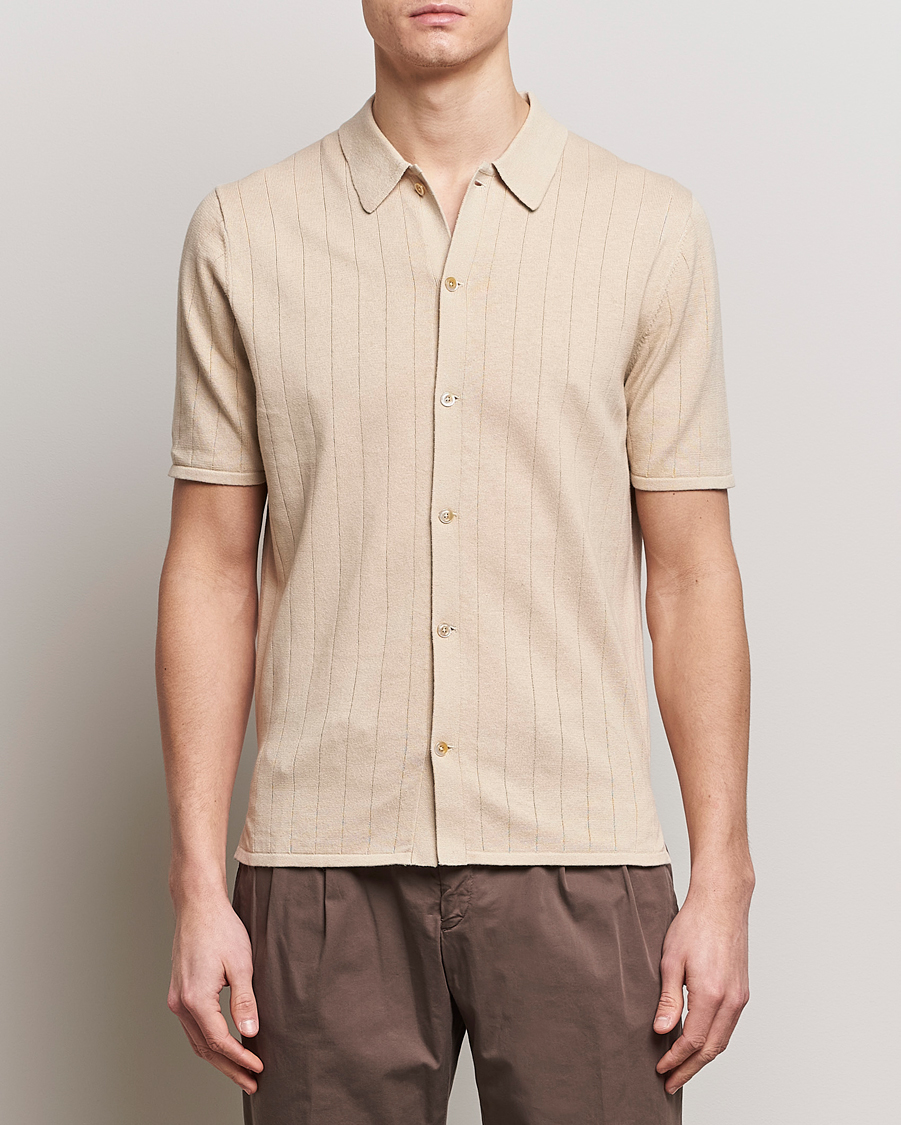 Men | Polo Shirts | Stenströms | Linen/Cotton Rib Knitted Buttonthru Shirt Beige