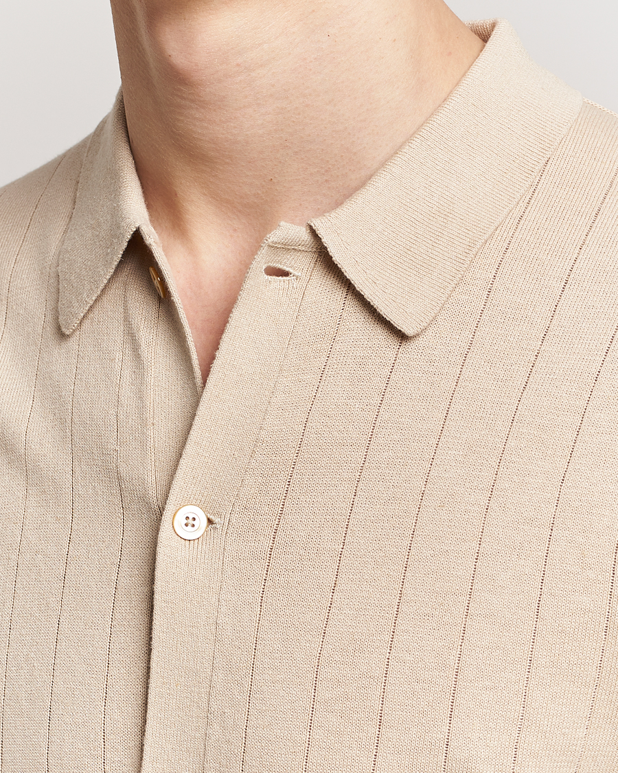 Men | Polo Shirts | Stenströms | Linen/Cotton Rib Knitted Buttonthru Shirt Beige