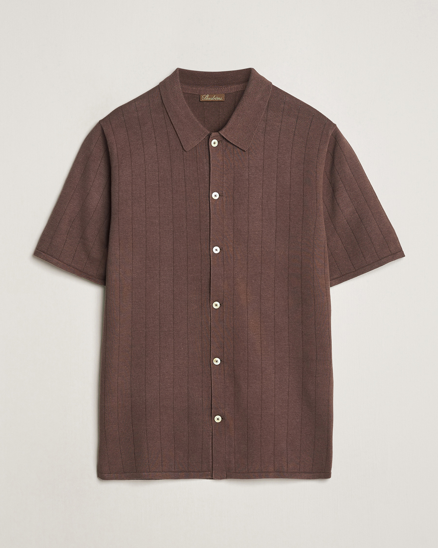 Men | Polo Shirts | Stenströms | Linen/Cotton Rib Knitted Buttonthru Shirt Brown