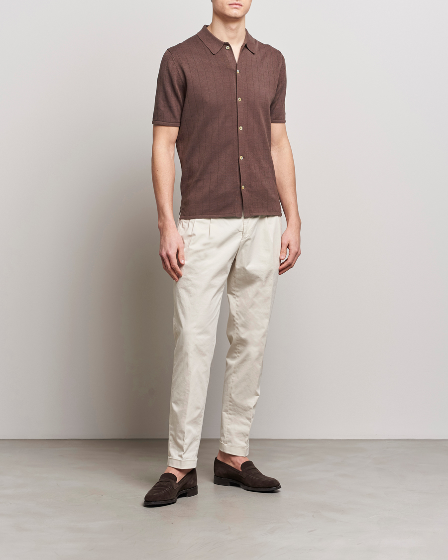 Men | Polo Shirts | Stenströms | Linen/Cotton Rib Knitted Buttonthru Shirt Brown