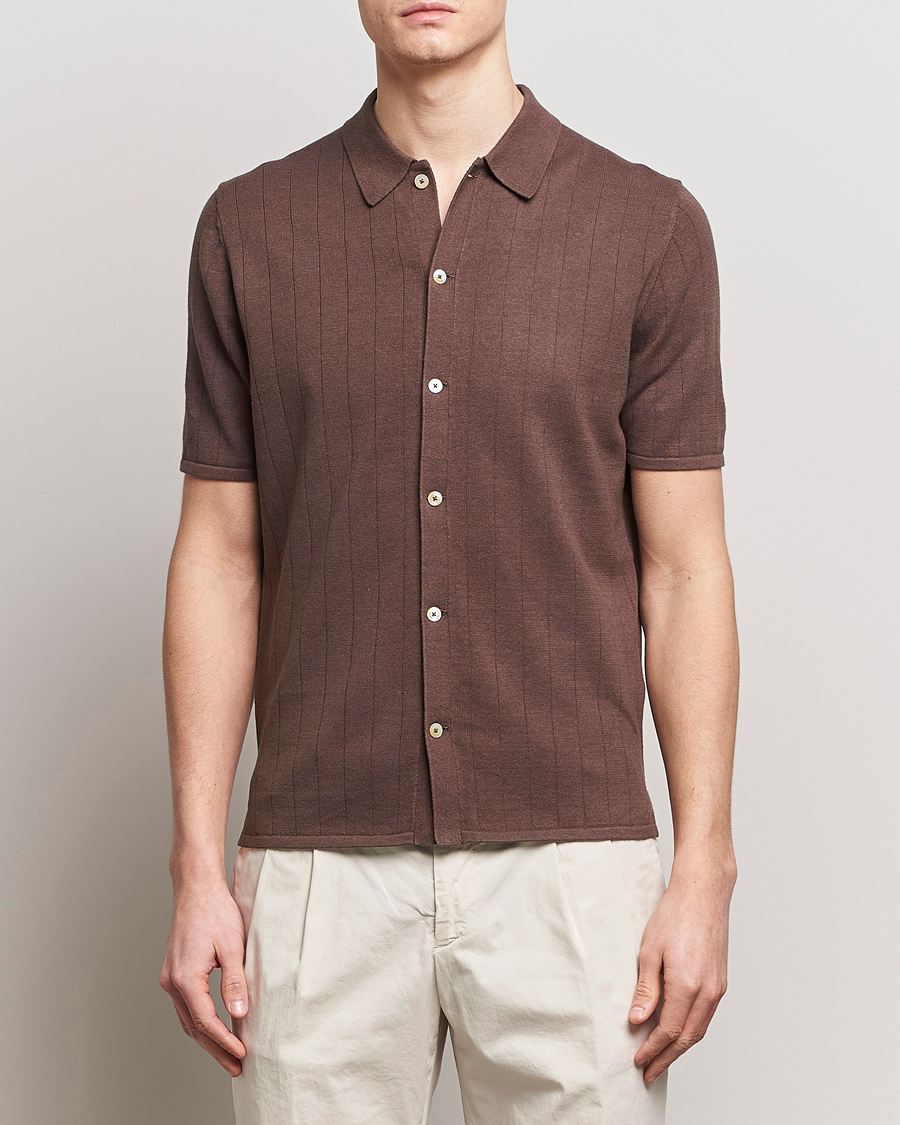 Men | Polo Shirts | Stenströms | Linen/Cotton Rib Knitted Buttonthru Shirt Brown