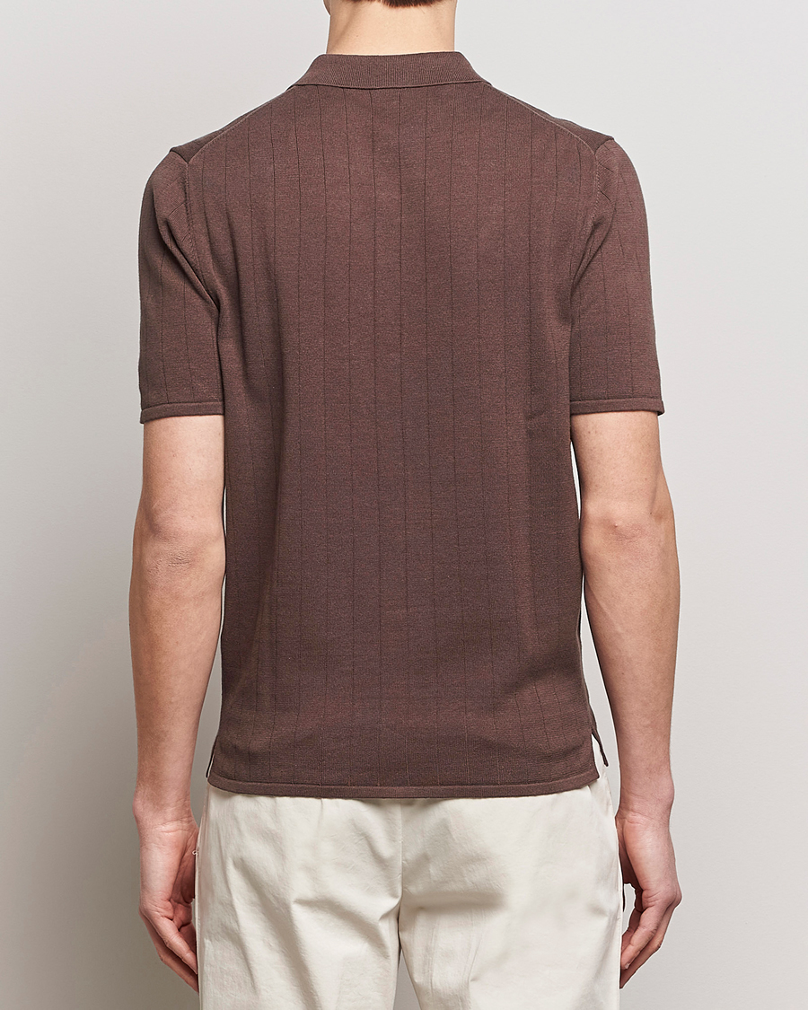Men | Polo Shirts | Stenströms | Linen/Cotton Rib Knitted Buttonthru Shirt Brown