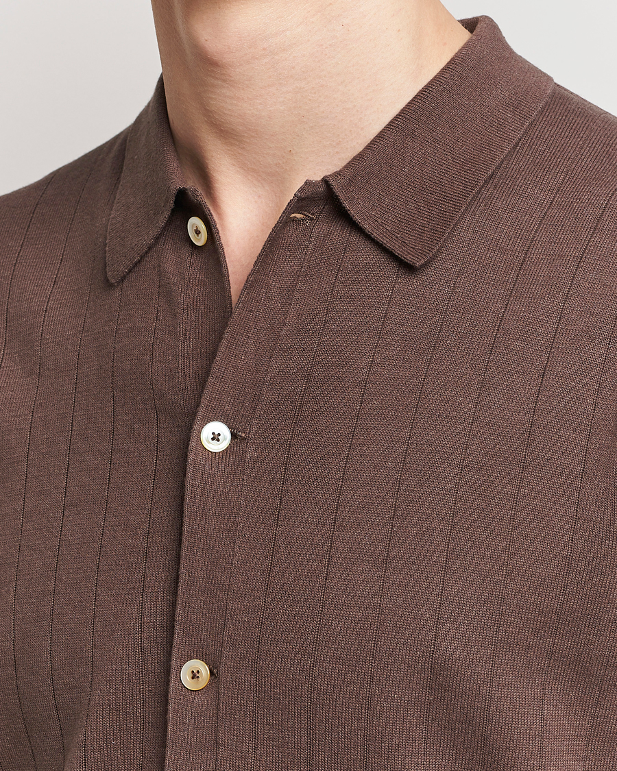 Men | Polo Shirts | Stenströms | Linen/Cotton Rib Knitted Buttonthru Shirt Brown