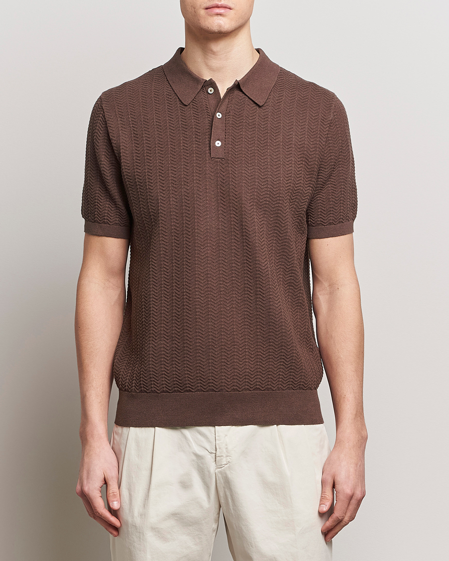 Men | Polo Shirts | Stenströms | Linen/Cotton Crochet Knitted Polo Shirt Brown