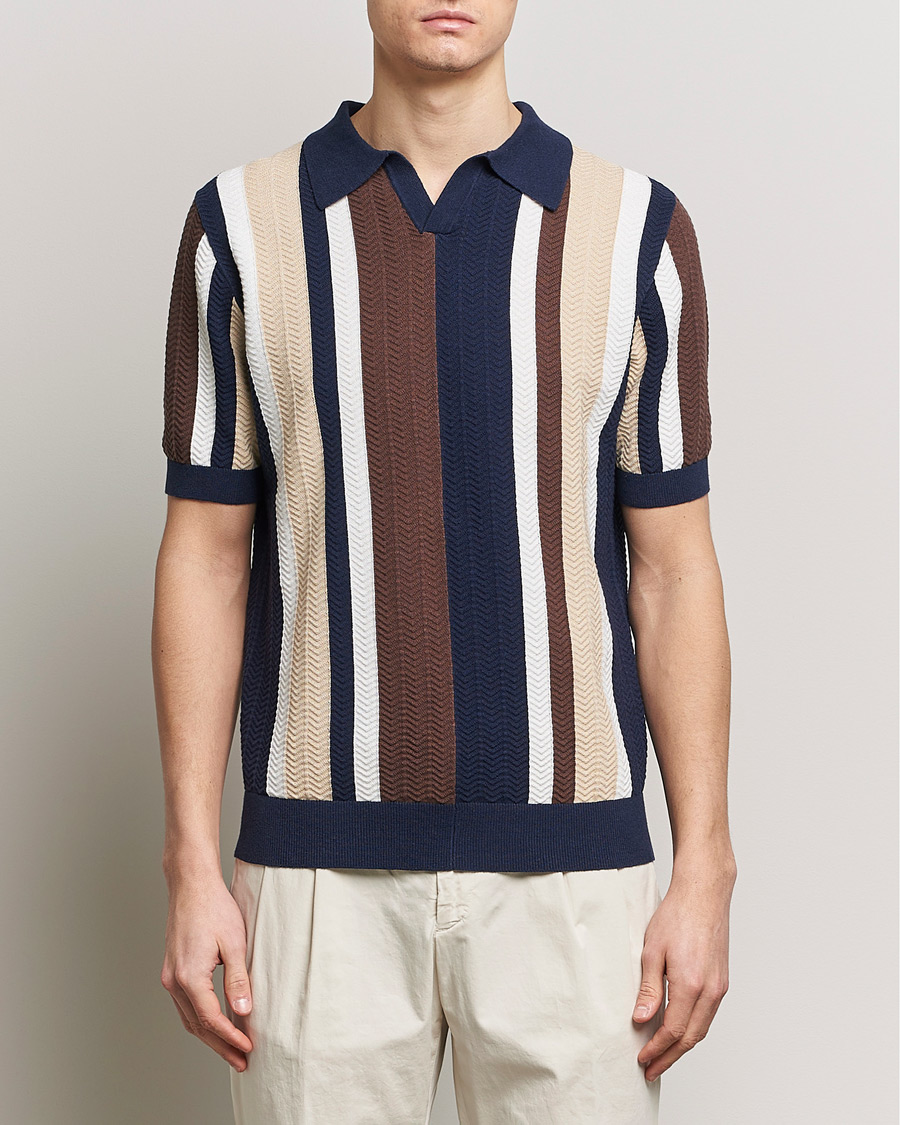 Men | Short Sleeve Polo Shirts | Stenströms | Linen/Cotton Striped Crochet Knitted Polo Multi