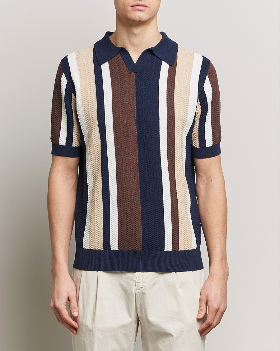 Stenströms Linen/Cotton Striped Crochet Knitted Polo Multi at  