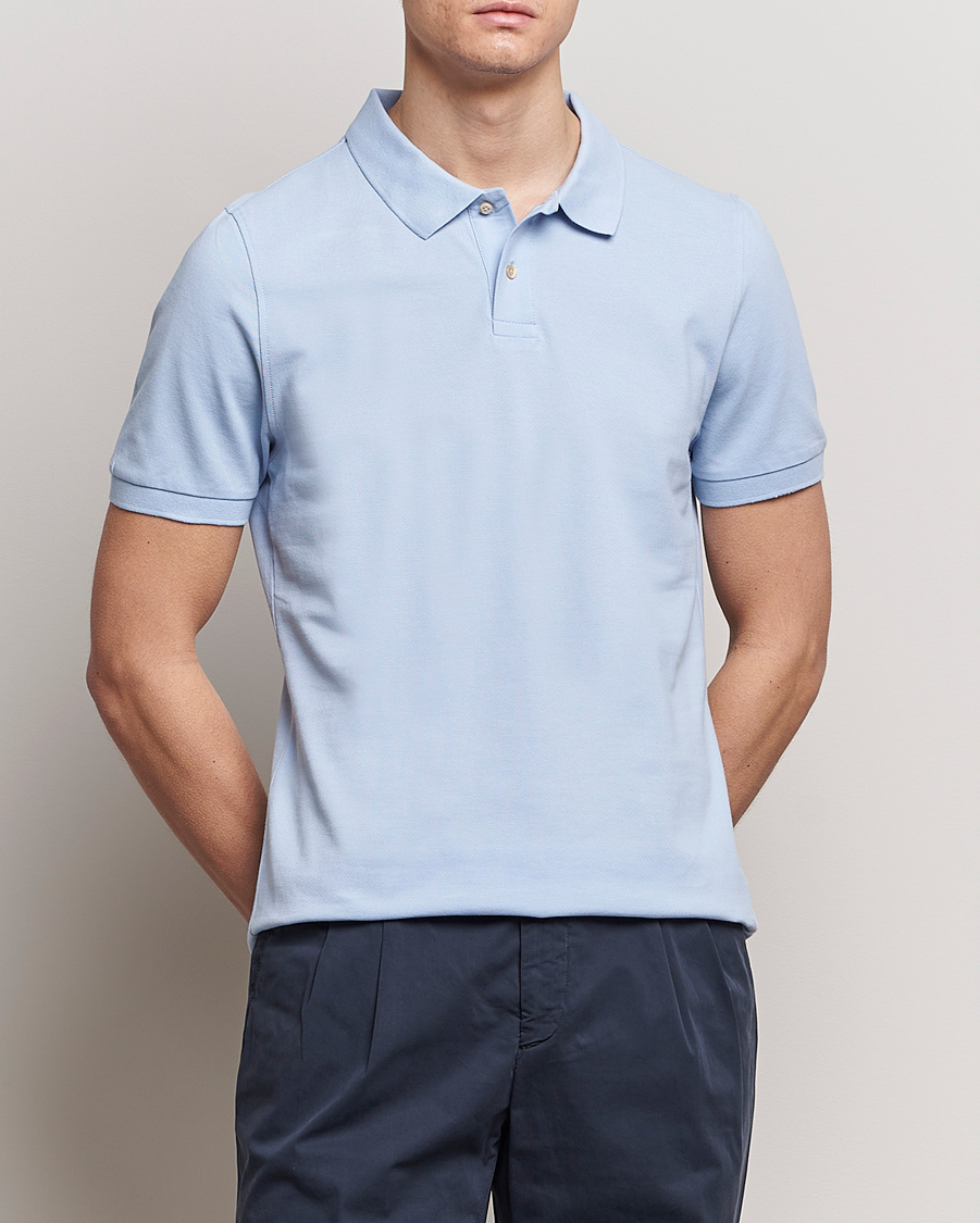 Men | Short Sleeve Polo Shirts | Stenströms | Organic Cotton Piquet Polo Shirt Light Blue