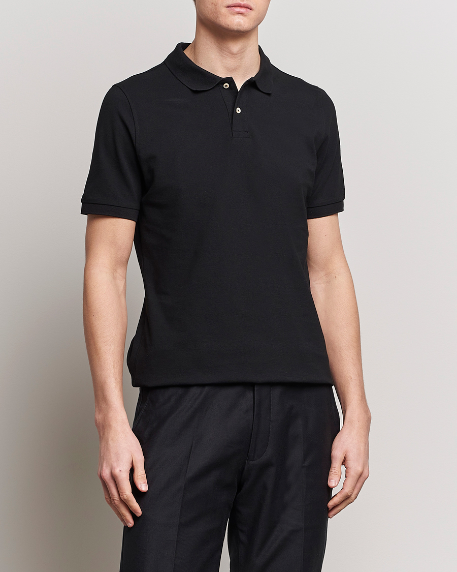 Men | Short Sleeve Polo Shirts | Stenströms | Organic Cotton Piquet Polo Shirt Black