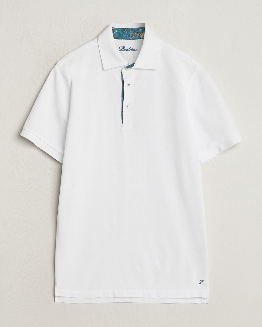 Men | Polo Shirts | Stenströms | Cotton Pique Contrast Polo Shirt White