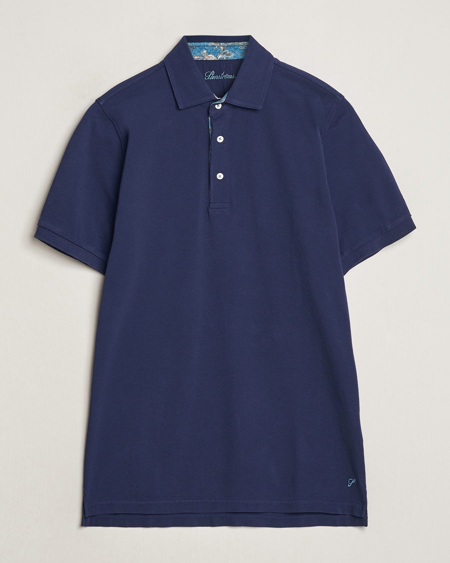 Men | Polo Shirts | Stenströms | Cotton Pique Contrast Polo Shirt Navy