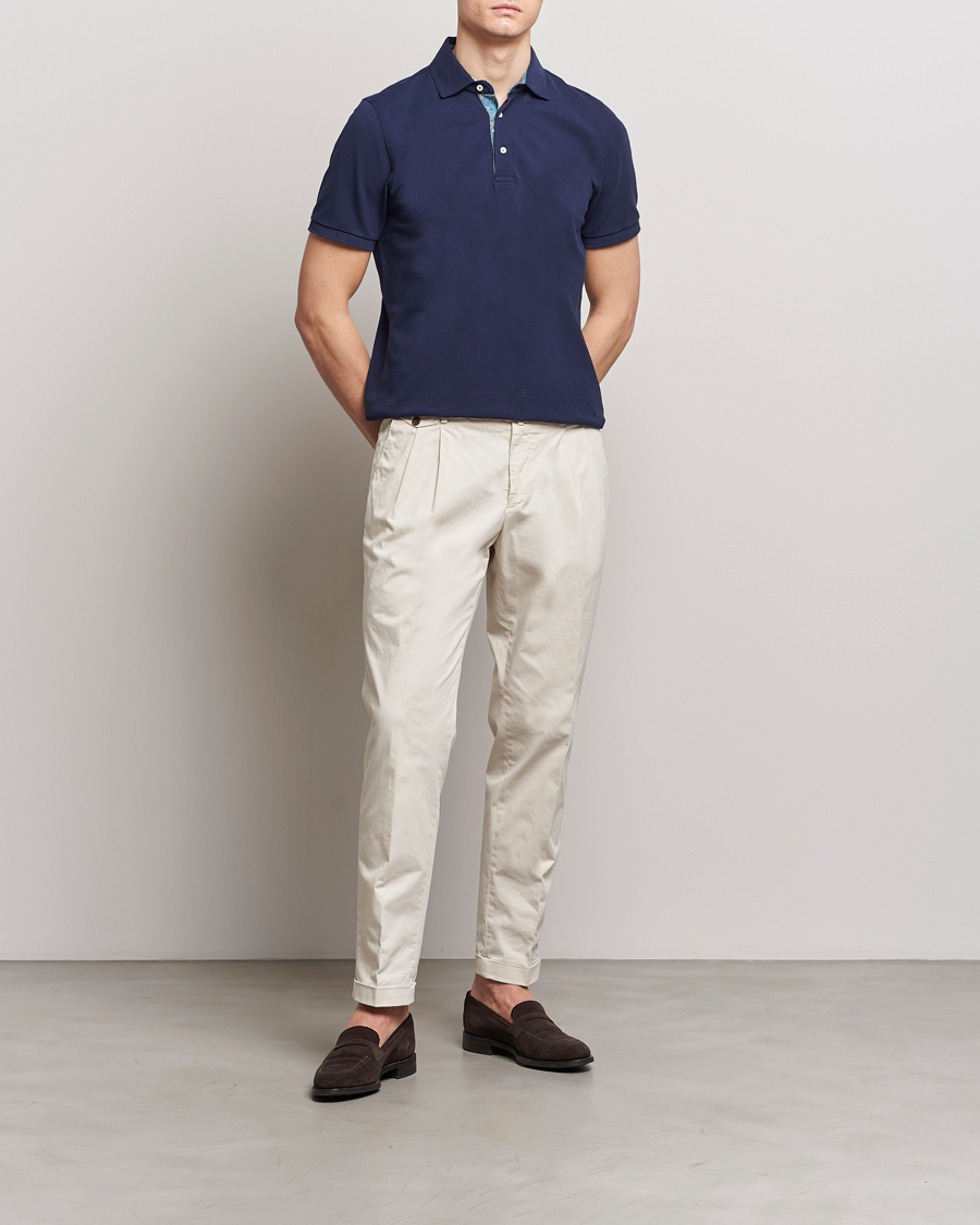 Men | Polo Shirts | Stenströms | Cotton Pique Contrast Polo Shirt Navy