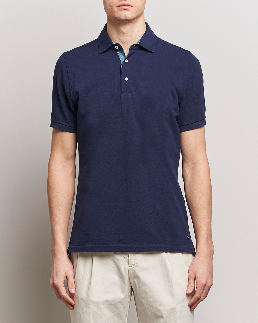 Men | Polo Shirts | Stenströms | Cotton Pique Contrast Polo Shirt Navy