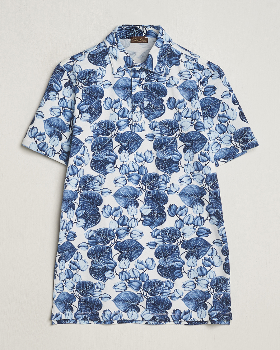 Men | Polo Shirts | Stenströms | Cotton Pique Printed Polo Shirt Blue
