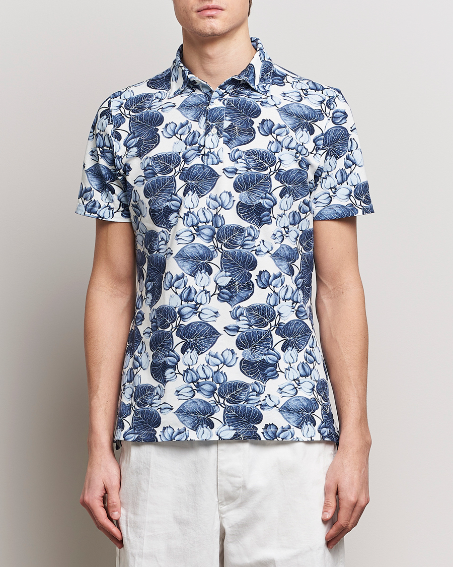 Men | Short Sleeve Polo Shirts | Stenströms | Cotton Pique Printed Polo Shirt Blue