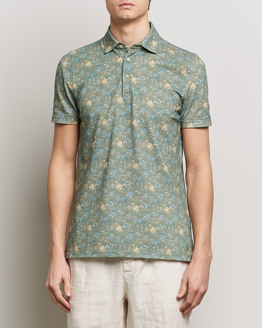 Men | Polo Shirts | Stenströms | Cotton Pique Paisley Printed Polo Shirt Green