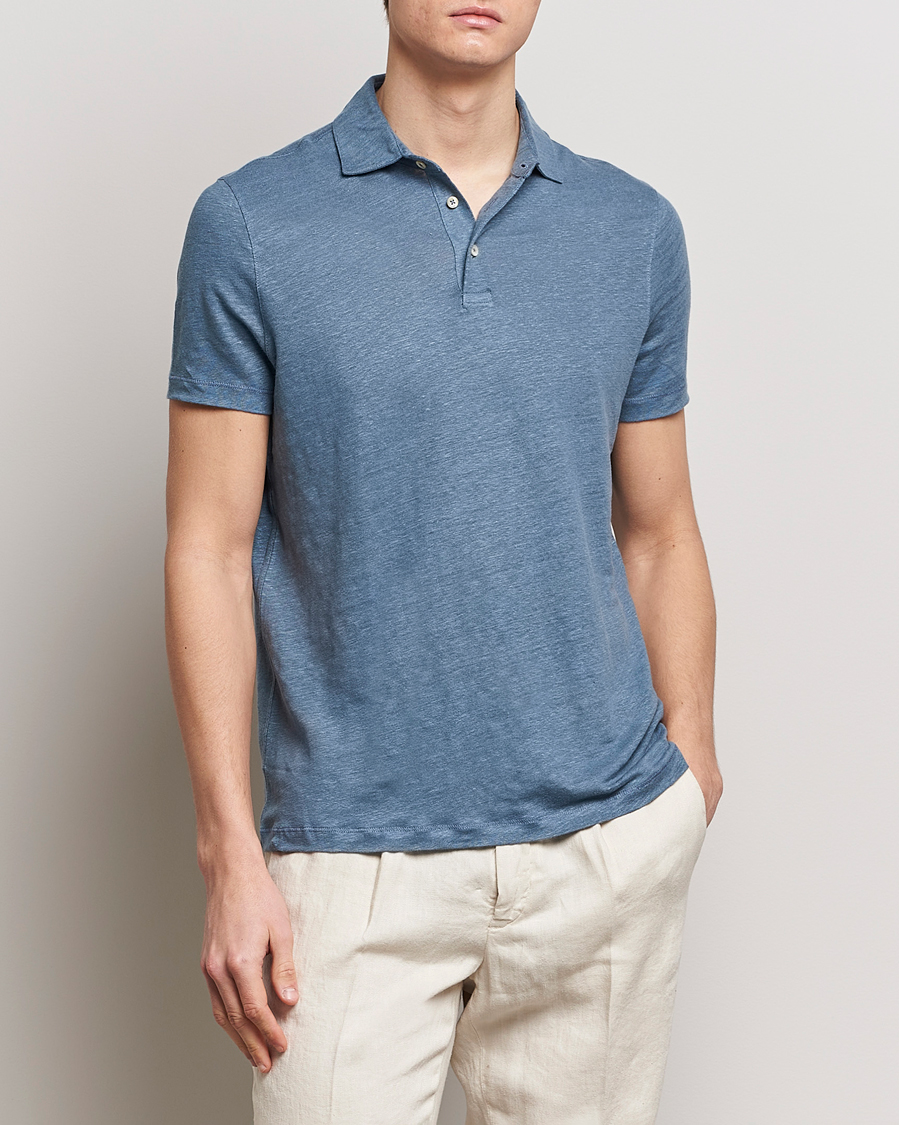 Men |  | Stenströms | Linen Polo Shirt Steel Blue