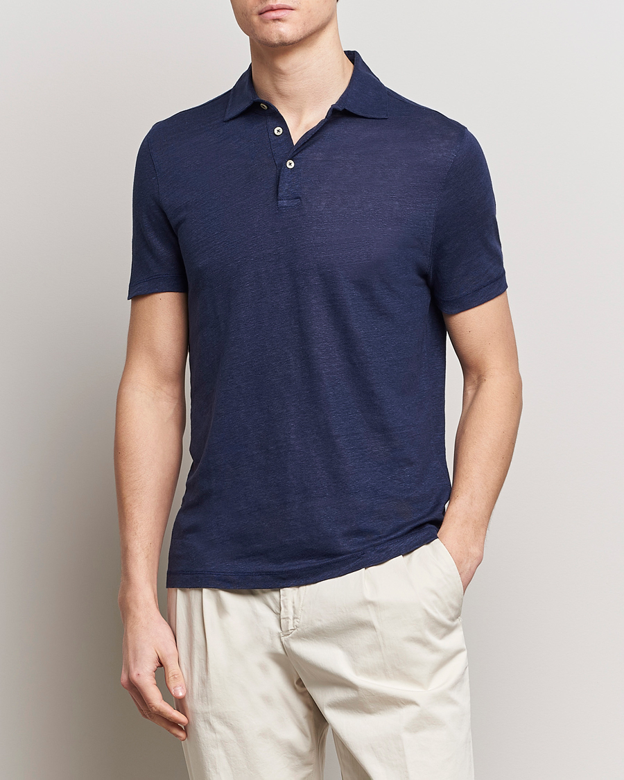 Men | Short Sleeve Polo Shirts | Stenströms | Linen Polo Shirt Navy