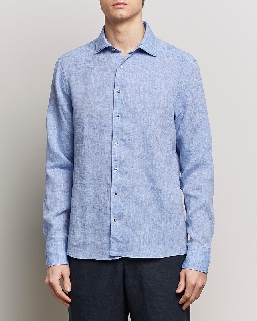 Men | Casual | Stenströms | Slimline Cut Away Linen Shirt Blue
