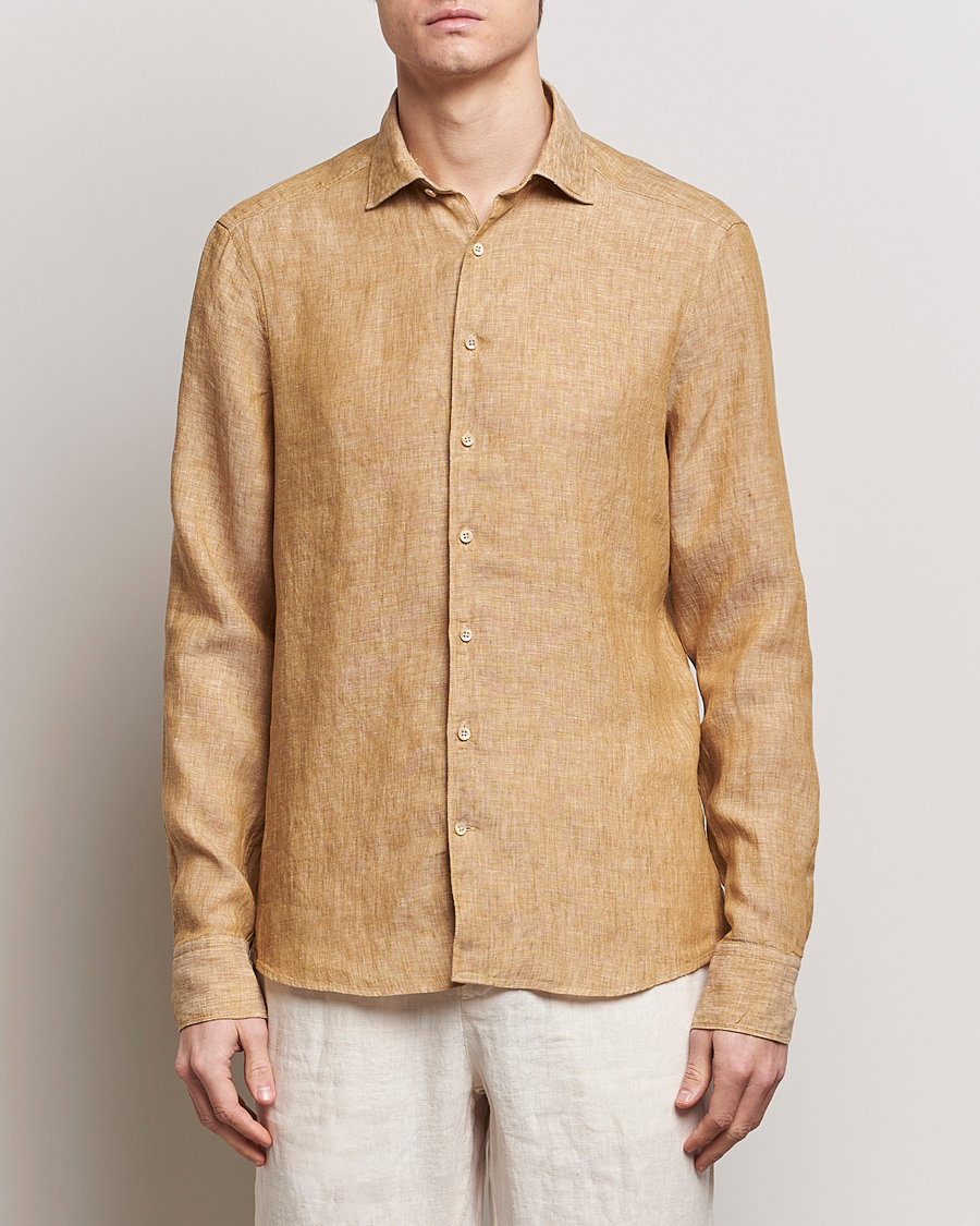 Men | Linen Shirts | Stenströms | Slimline Cut Away Linen Shirt Brown
