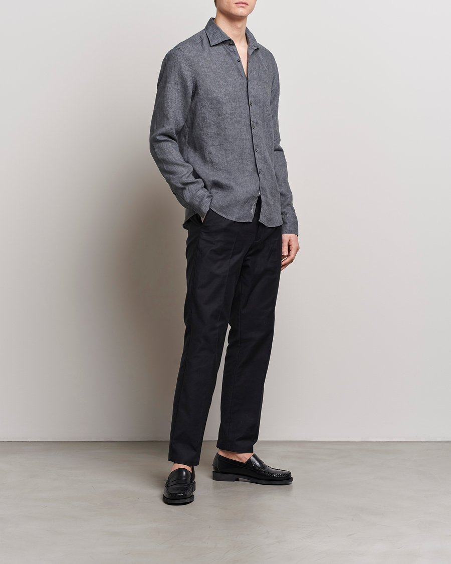 Men | Shirts | Stenströms | Slimline Cut Away Linen Shirt Dark Grey