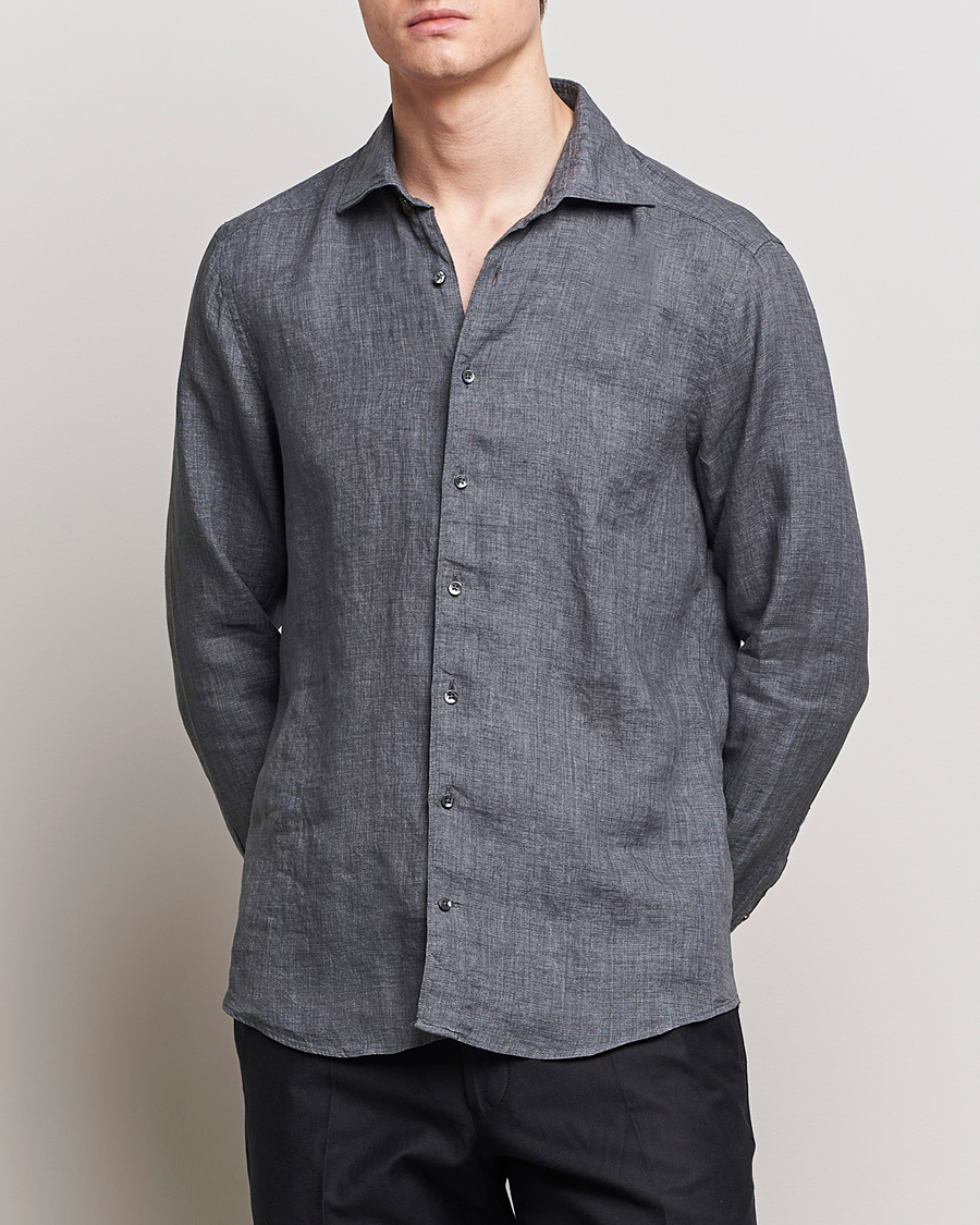 Men | Linen Shirts | Stenströms | Slimline Cut Away Linen Shirt Dark Grey