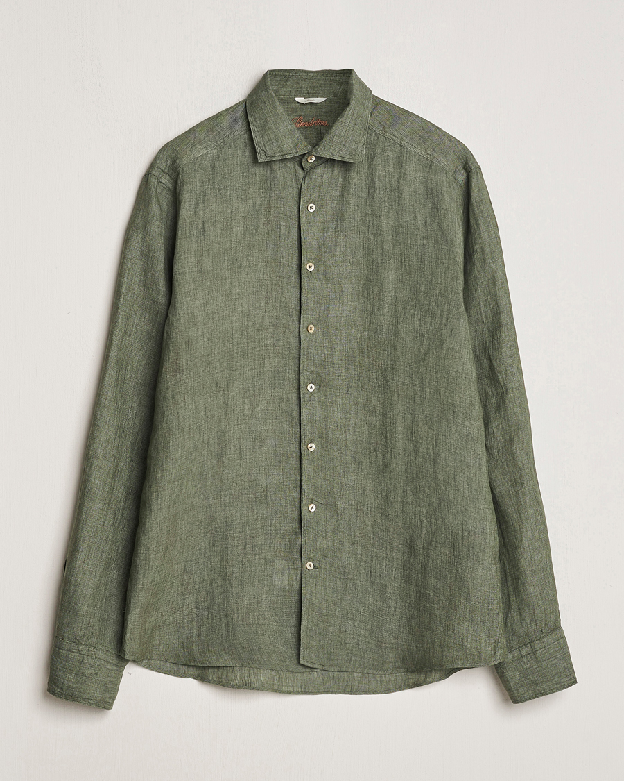 Men | Shirts | Stenströms | Slimline Cut Away Linen Shirt Olive