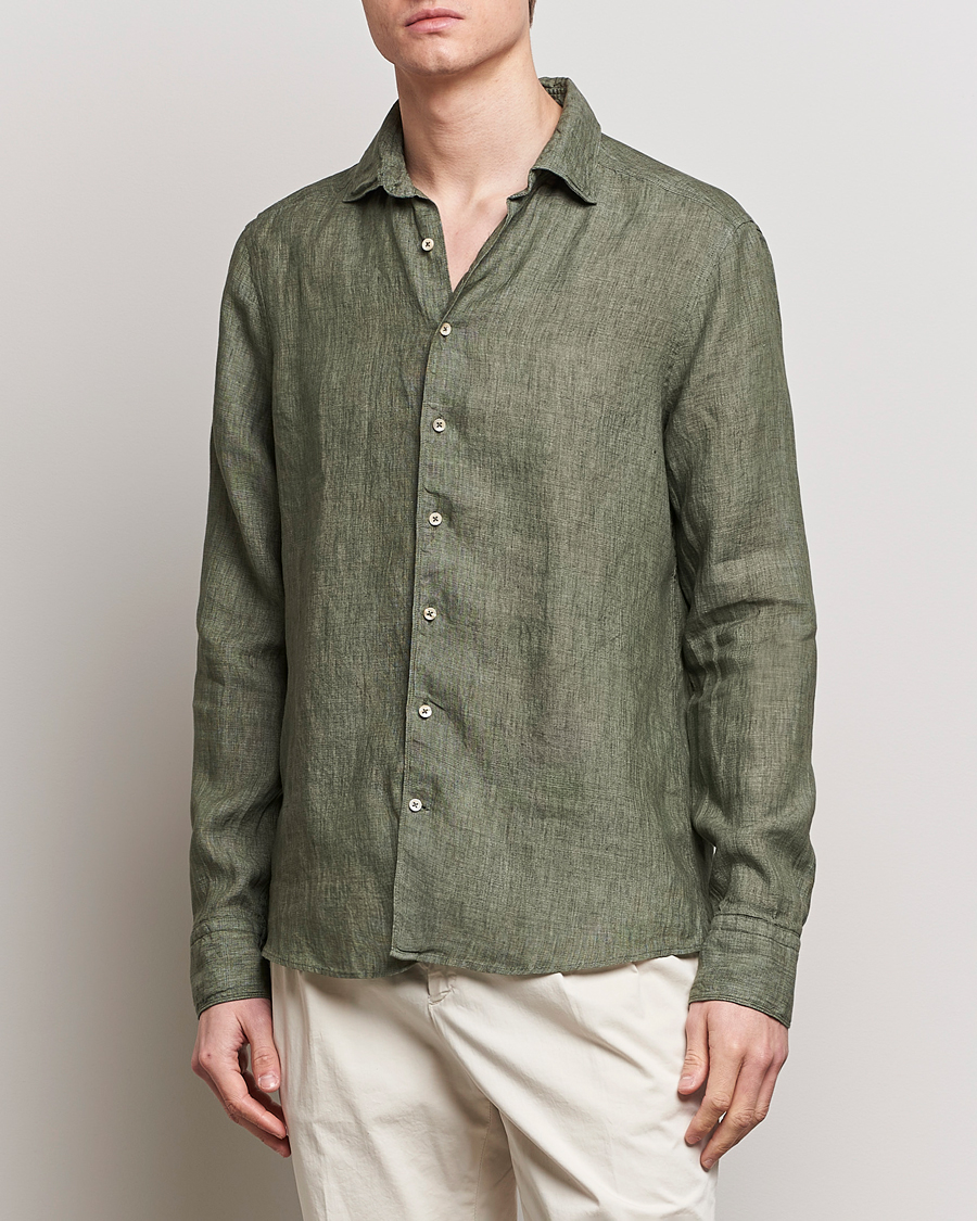 Men | Shirts | Stenströms | Slimline Cut Away Linen Shirt Olive