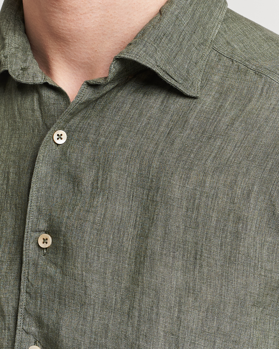 Men | Shirts | Stenströms | Slimline Cut Away Linen Shirt Olive
