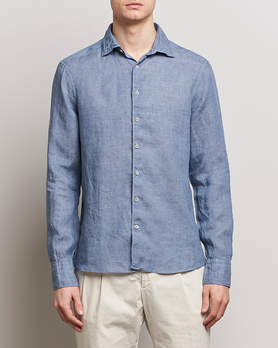 Mies |  | Stenströms | Slimline Cut Away Linen Shirt Steel Blue