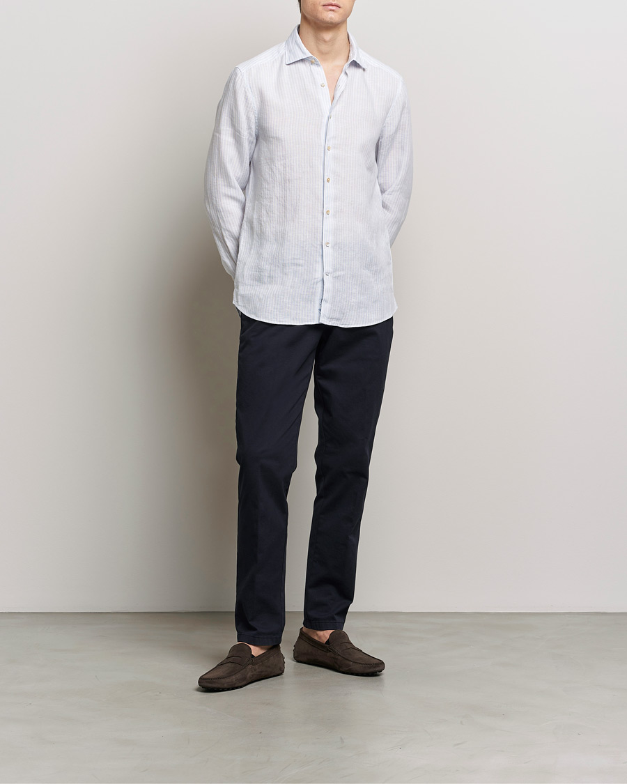 Men | Shirts | Stenströms | Slimline Cut Away Striped Linen Shirt Light Blue