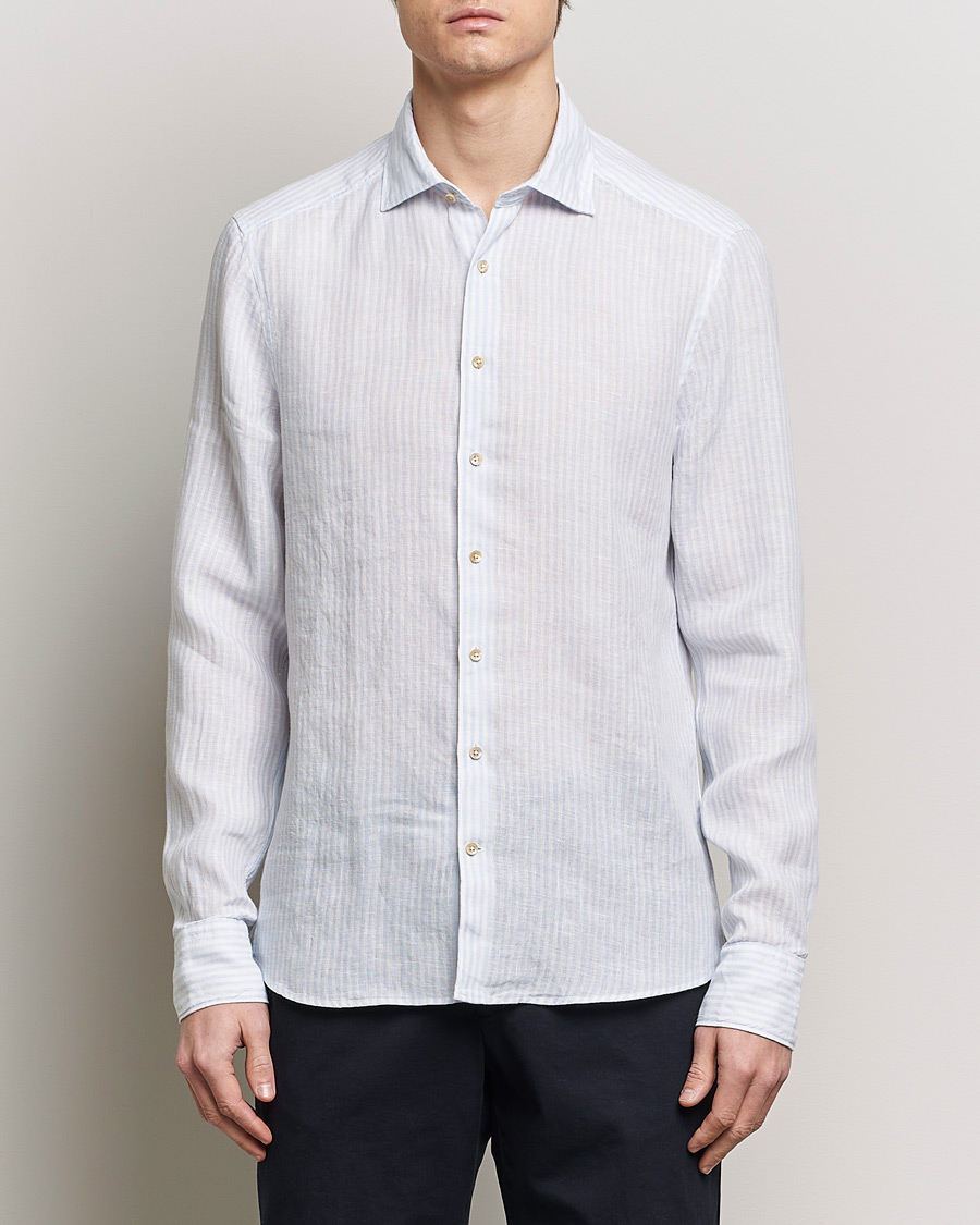 Mies |  | Stenströms | Slimline Cut Away Striped Linen Shirt Light Blue