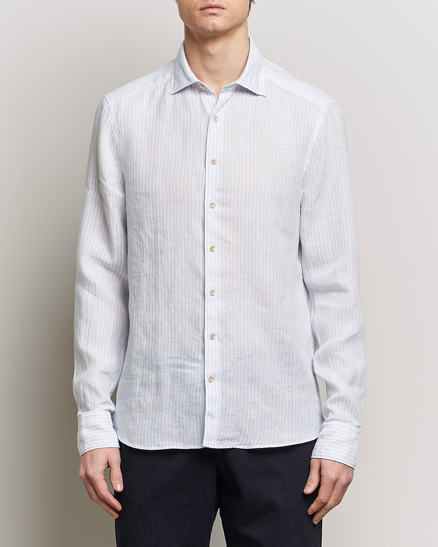 Men | Shirts | Stenströms | Slimline Cut Away Striped Linen Shirt Light Blue