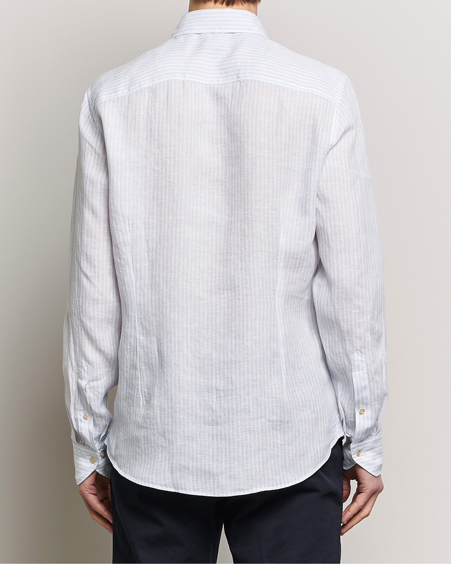 Men | Shirts | Stenströms | Slimline Cut Away Striped Linen Shirt Light Blue
