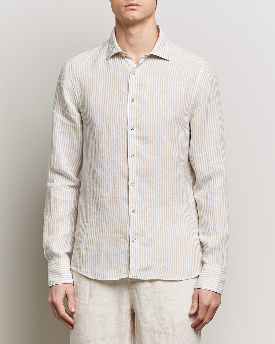 Herr | Skjortor | Stenströms | Slimline Cut Away Striped Linen Shirt Beige