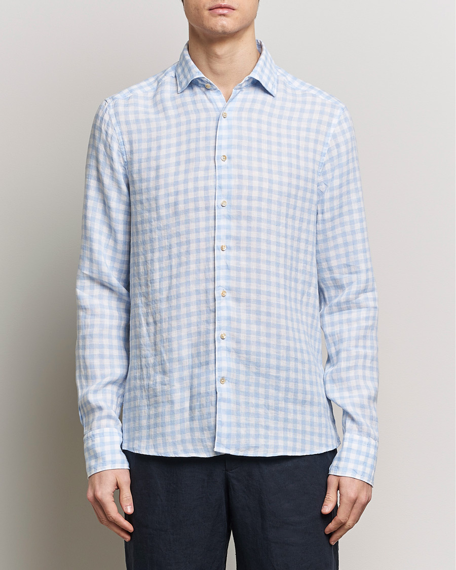 Men |  | Stenströms | Slimline Cut Away Checked Linen Shirt Light Blue
