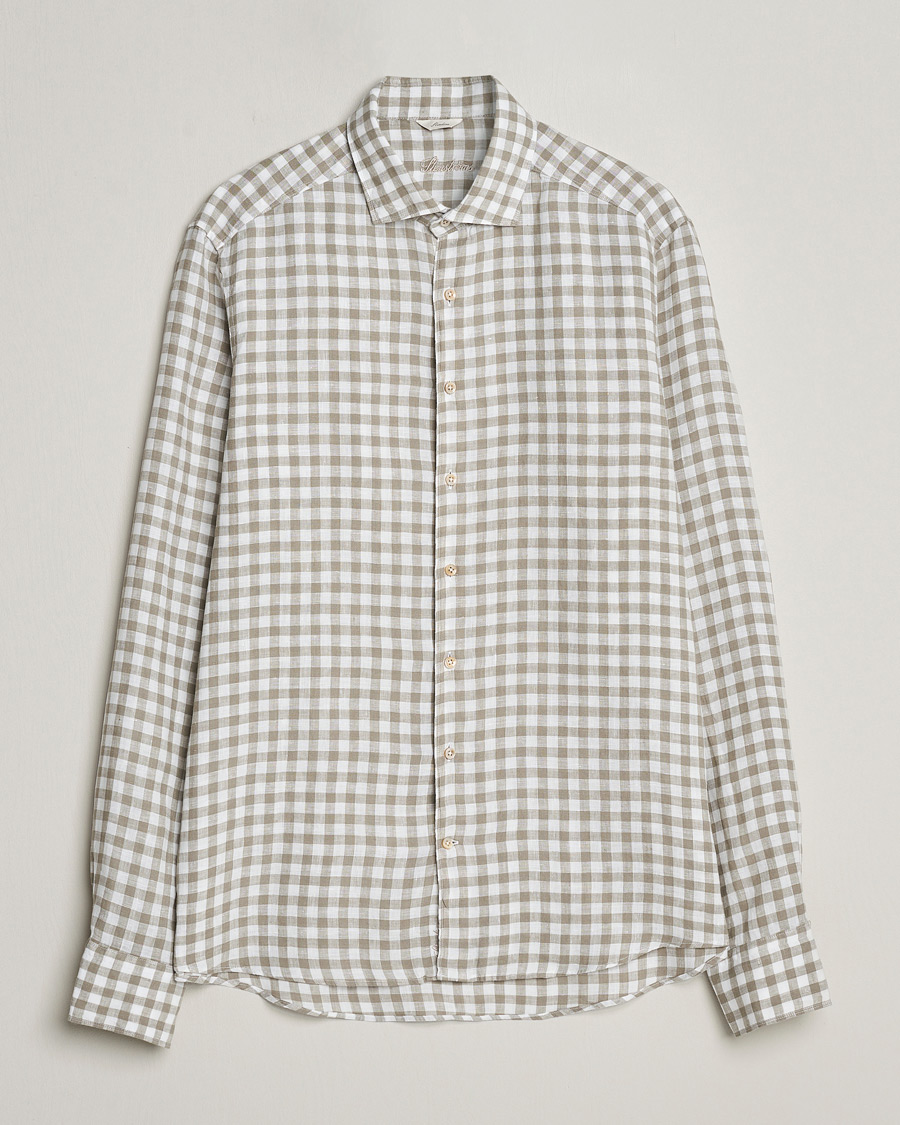 Men | Shirts | Stenströms | Slimline Cut Away Checked Linen Shirt Light Grey